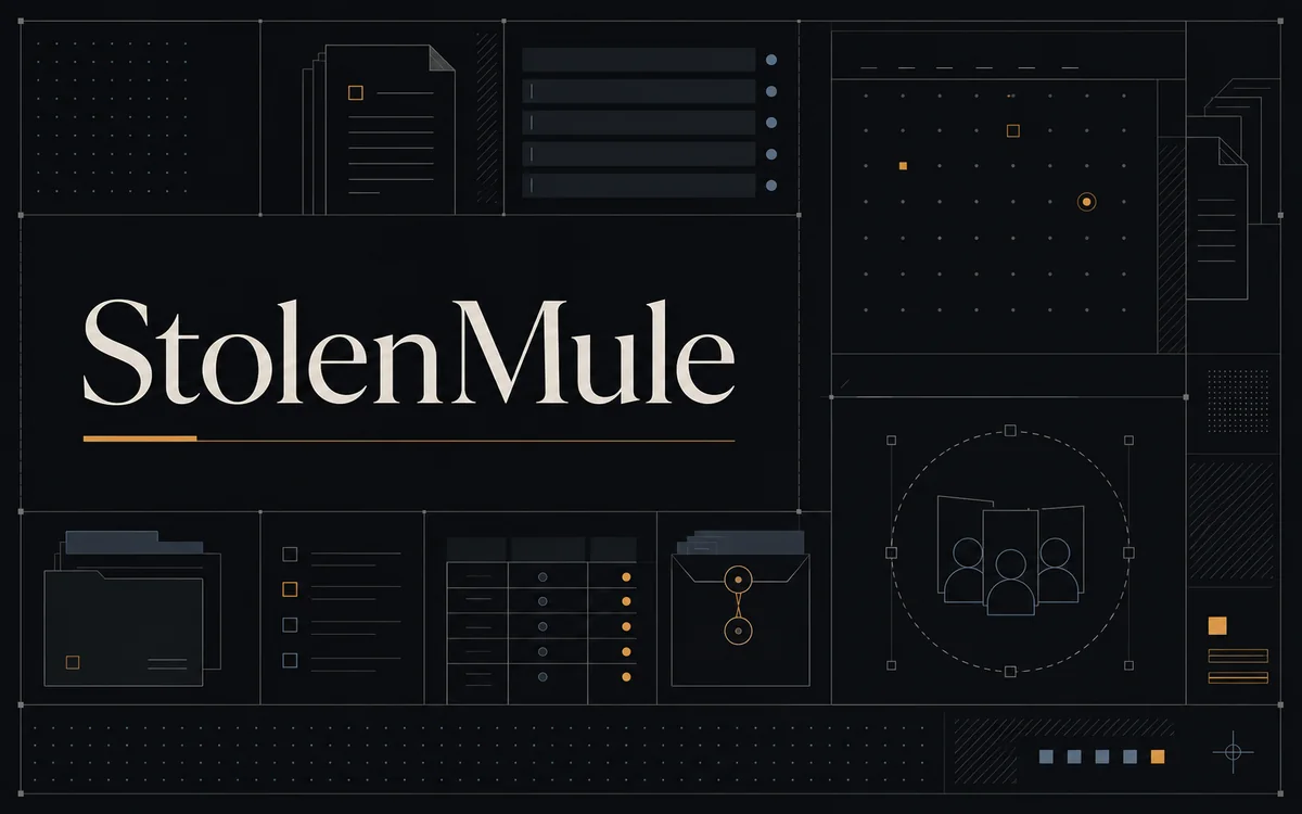 StolenMule legal practice management case study cover with document, workflow, and team diagrams